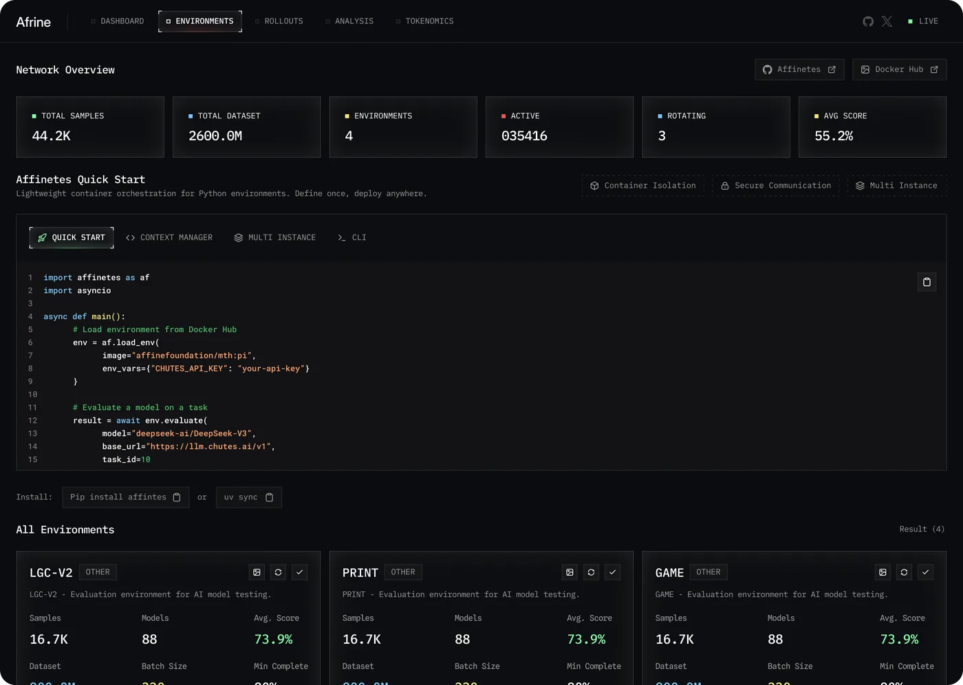 Developer console — Dashboard