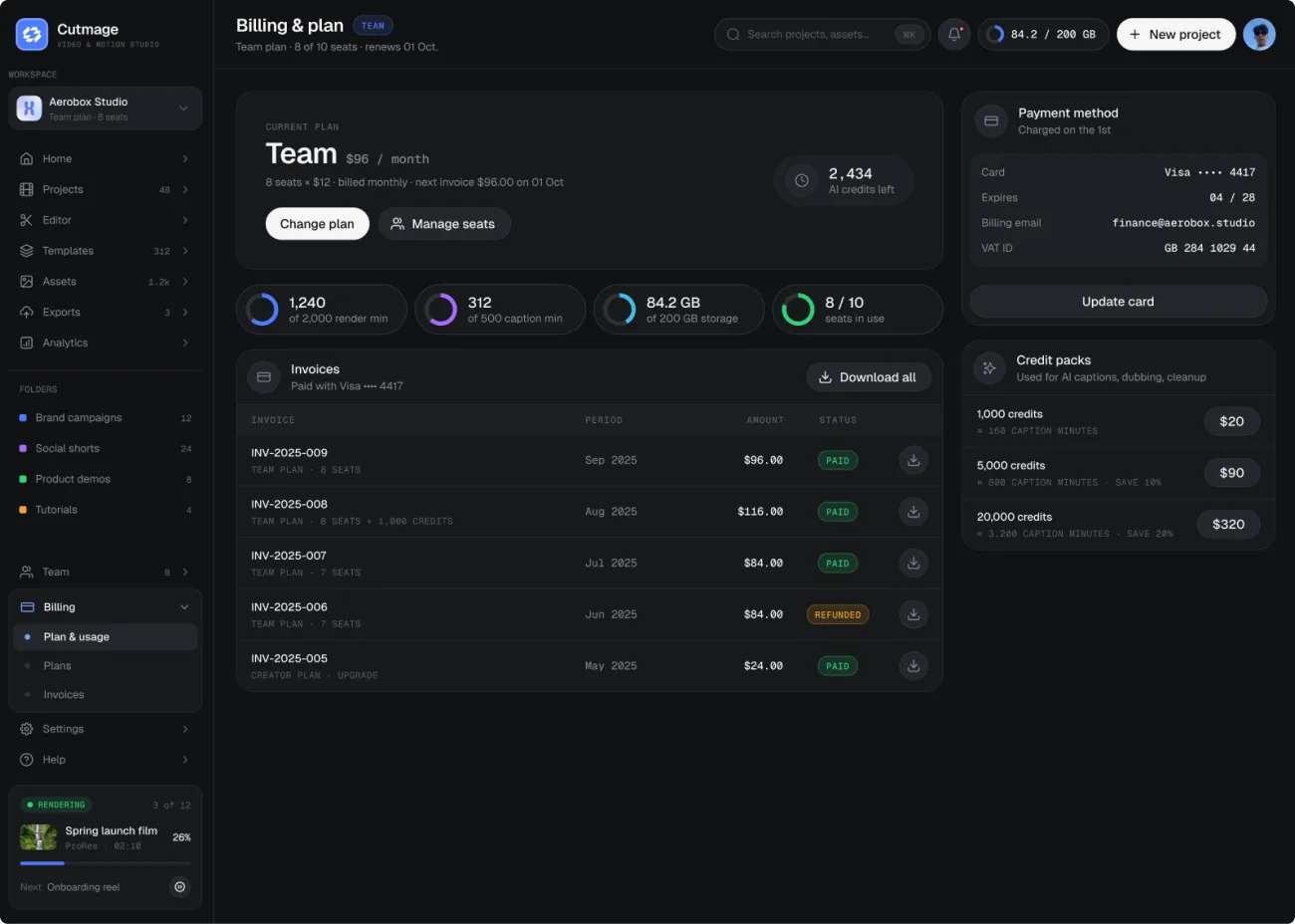 Cutmage — Billing & plan — Dashboard